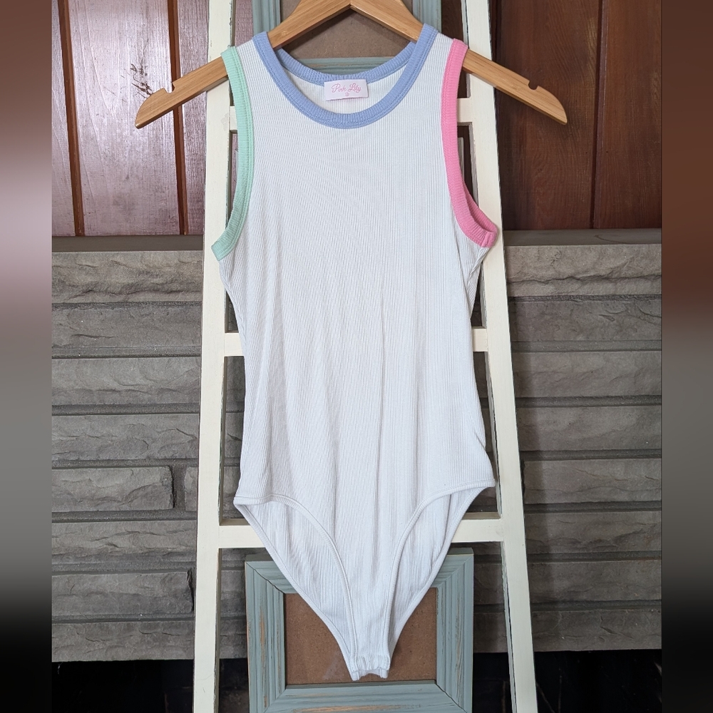 Pink Lily Ribbed White Tank Bodysuit with Pastel Trim